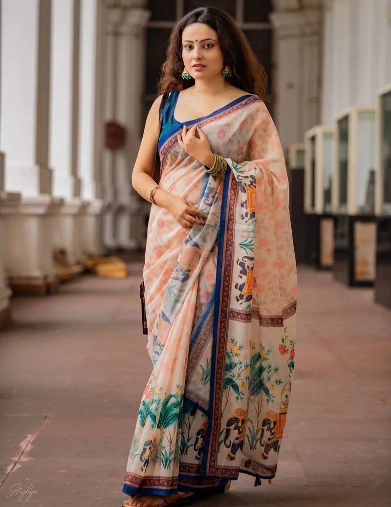 Pink linen printed zari work saree with blouse