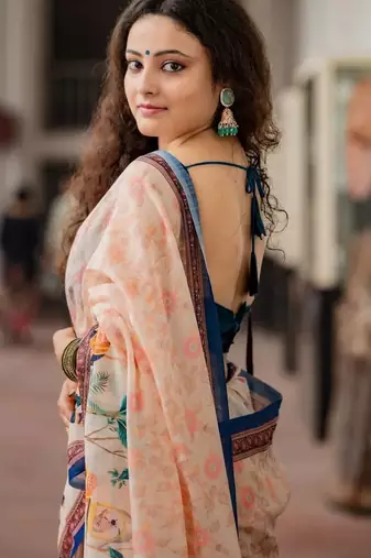 Pink linen printed zari work saree with blouse
