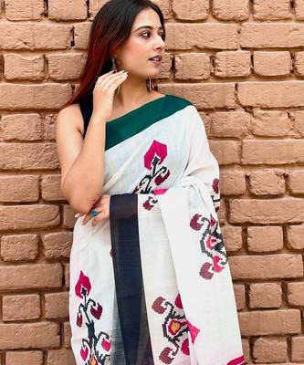 White linen printed zari work saree with blouse 1