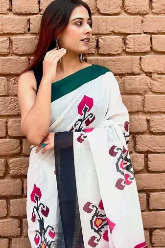 White linen printed zari work saree with blouse