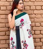 White linen printed zari work saree with blouse
