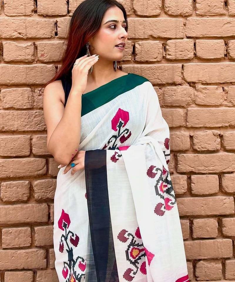 White linen printed zari work saree with blouse