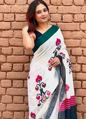 White linen printed zari work saree with blouse 3