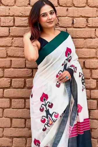 White linen printed zari work saree with blouse
