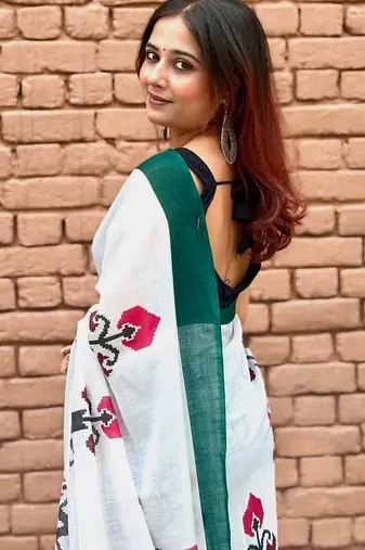 White linen printed zari work saree with blouse