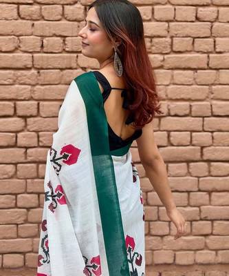 White linen printed zari work saree with blouse 5