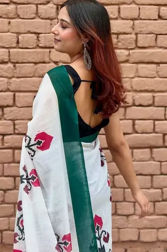 White linen printed zari work saree with blouse