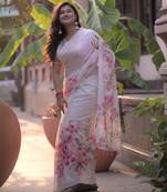 White linen printed zari work saree with blouse
