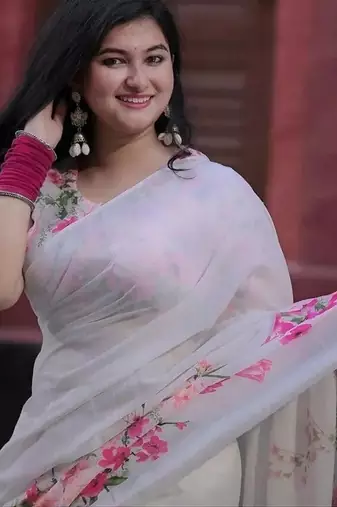 White linen printed zari work saree with blouse