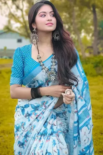 Light blue linen printed zari work saree with blouse