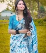 Light blue linen printed zari work saree with blouse