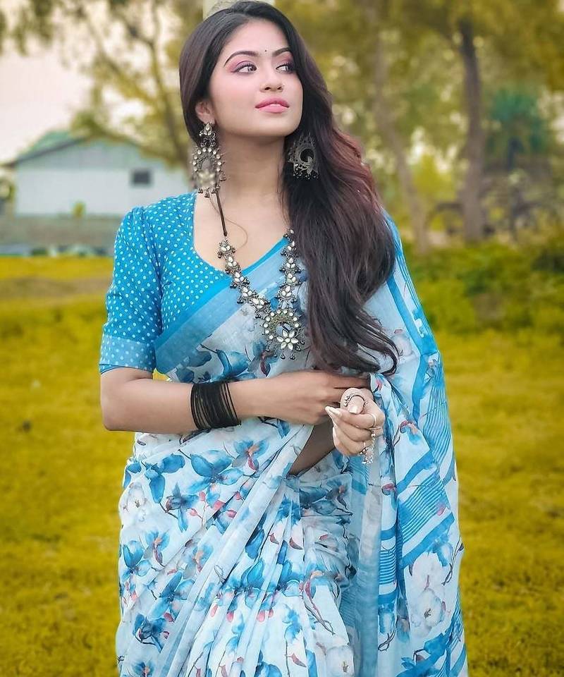 Light blue linen printed zari work saree with blouse
