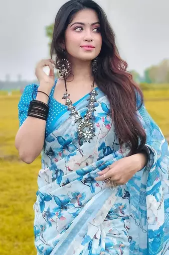 Light blue linen printed zari work saree with blouse