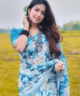 Light blue linen printed zari work saree with blouse 3