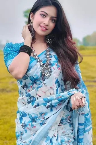 Light blue linen printed zari work saree with blouse