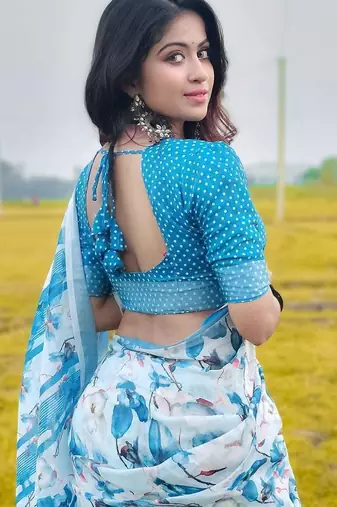 Light blue linen printed zari work saree with blouse