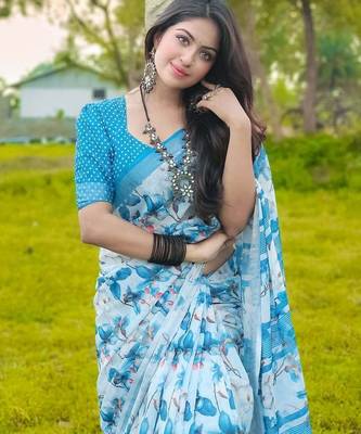 Light blue linen printed zari work saree with blouse 5