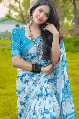 Light blue linen printed zari work saree with blouse