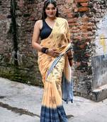 Orange linen printed zari work saree with blouse