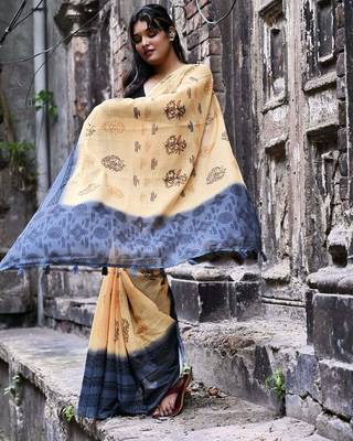 Orange linen printed zari work saree with blouse 3