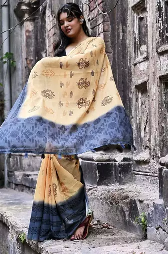 Orange linen printed zari work saree with blouse