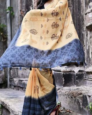 Orange linen printed zari work saree with blouse 4