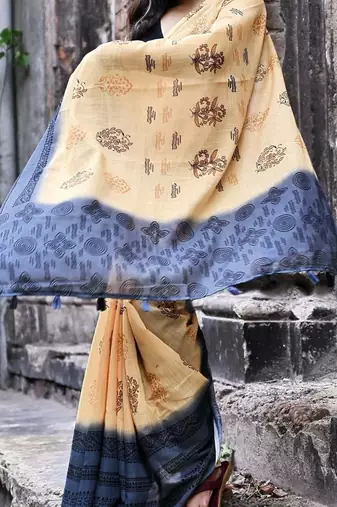 Orange linen printed zari work saree with blouse