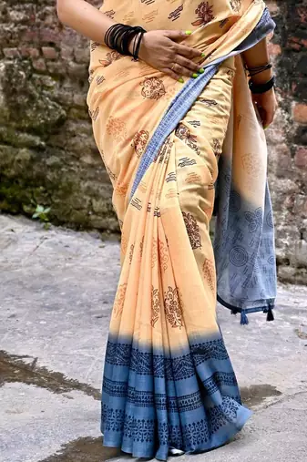 Orange linen printed zari work saree with blouse