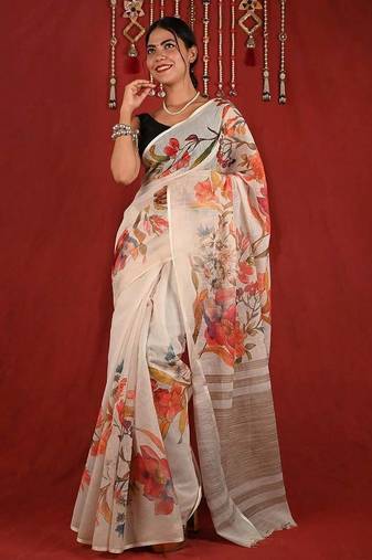 White linen printed zari work saree with blouse