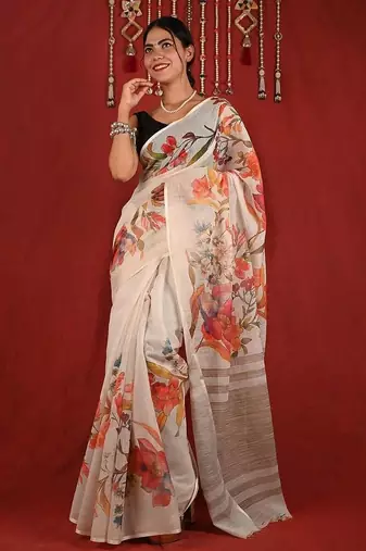 White linen printed zari work saree with blouse