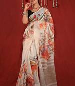 White linen printed zari work saree with blouse