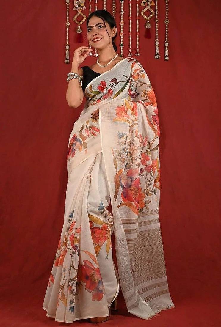 White linen printed zari work saree with blouse