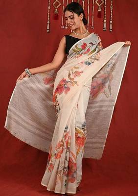 White linen printed zari work saree with blouse 4