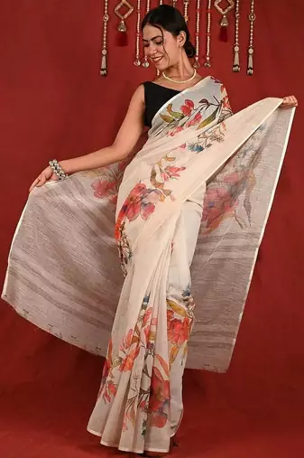 White linen printed zari work saree with blouse