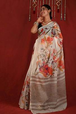White linen printed zari work saree with blouse 5