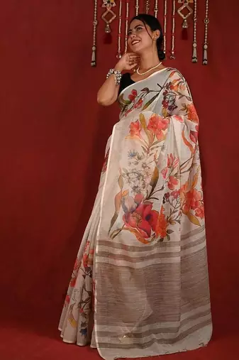 White linen printed zari work saree with blouse