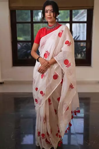White red linen printed zari work saree with blouse
