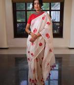 White red linen printed zari work saree with blouse