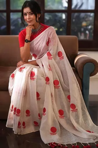 White red linen printed zari work saree with blouse