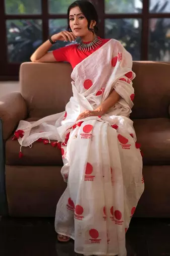White red linen printed zari work saree with blouse