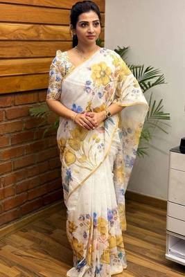 White yellow linen printed zari work saree with blouse 1