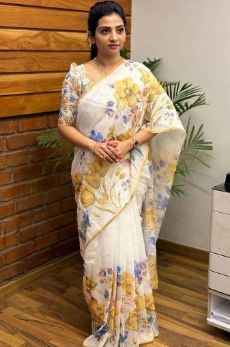 White yellow linen printed zari work saree with blouse