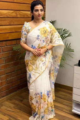 White yellow linen printed zari work saree with blouse