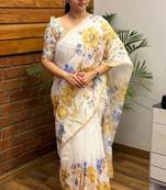 White yellow linen printed zari work saree with blouse