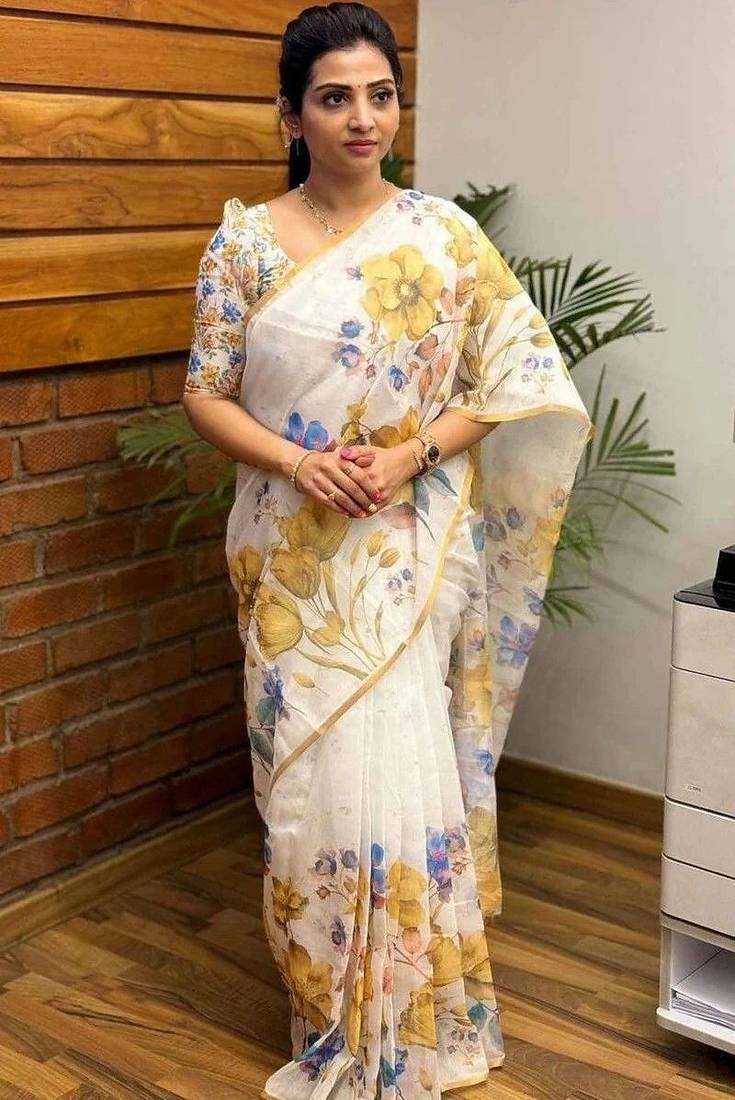 White yellow linen printed zari work saree with blouse