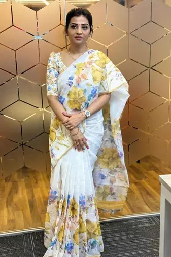 White yellow linen printed zari work saree with blouse