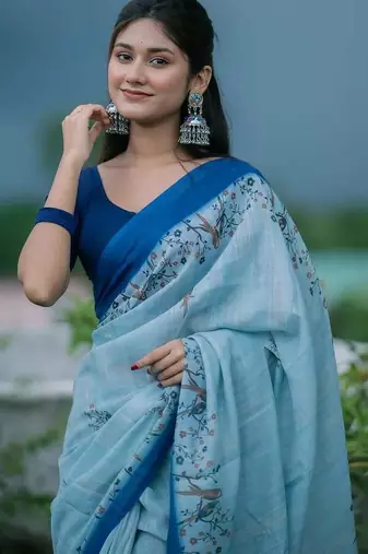 Light blue linen printed zari work saree with blouse