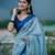 Light blue linen printed zari work saree with blouse