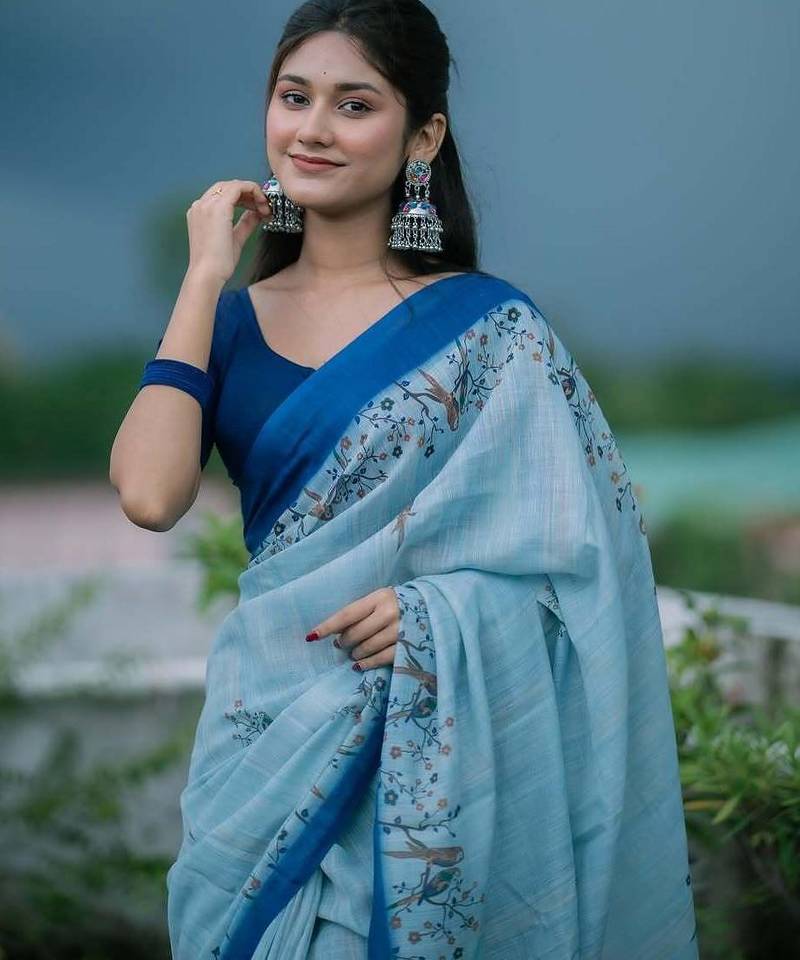 Light blue linen printed zari work saree with blouse