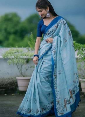 Light blue linen printed zari work saree with blouse 2